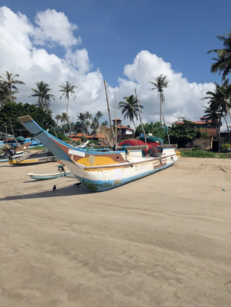 A colorful traditional outrigger fishing boat resting on a sandy beach lined with palm trees under a sunny blue sky with white clouds.