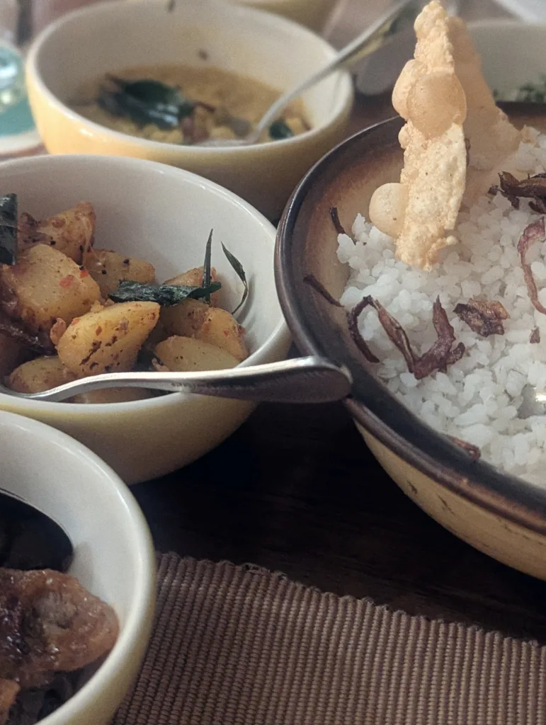 White rice topped with fried onions and a papadum, served alongside bowls of spiced potatoes and creamy yellow curry.
